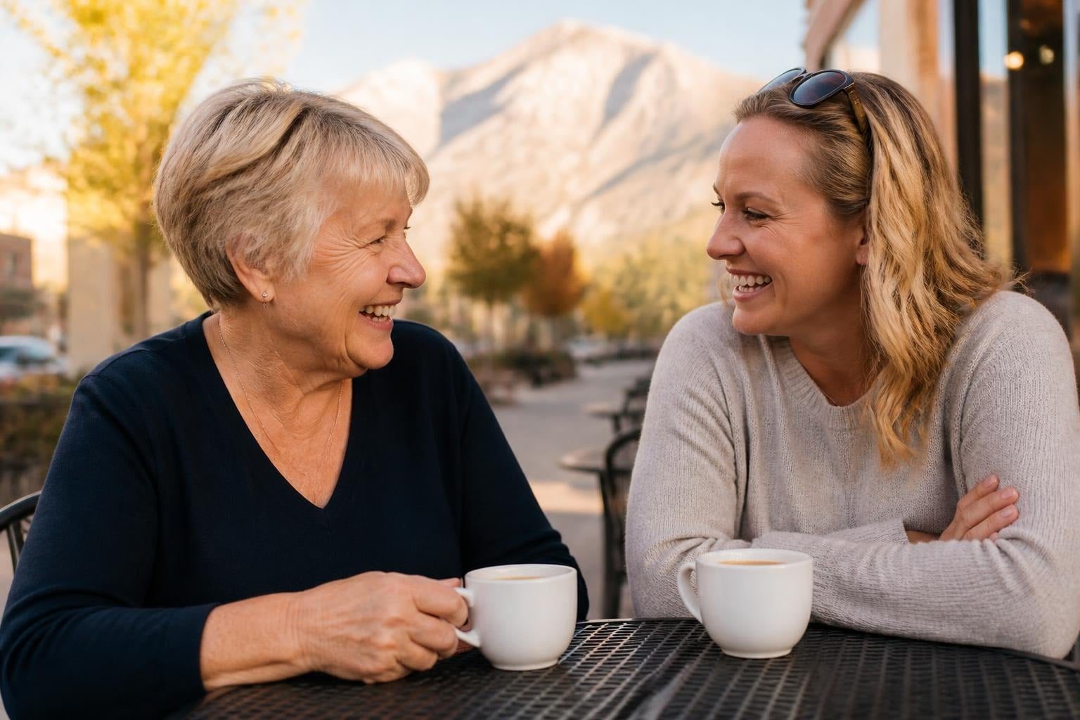 Grandmother and daughter laughing over coffee in Salt Lake City