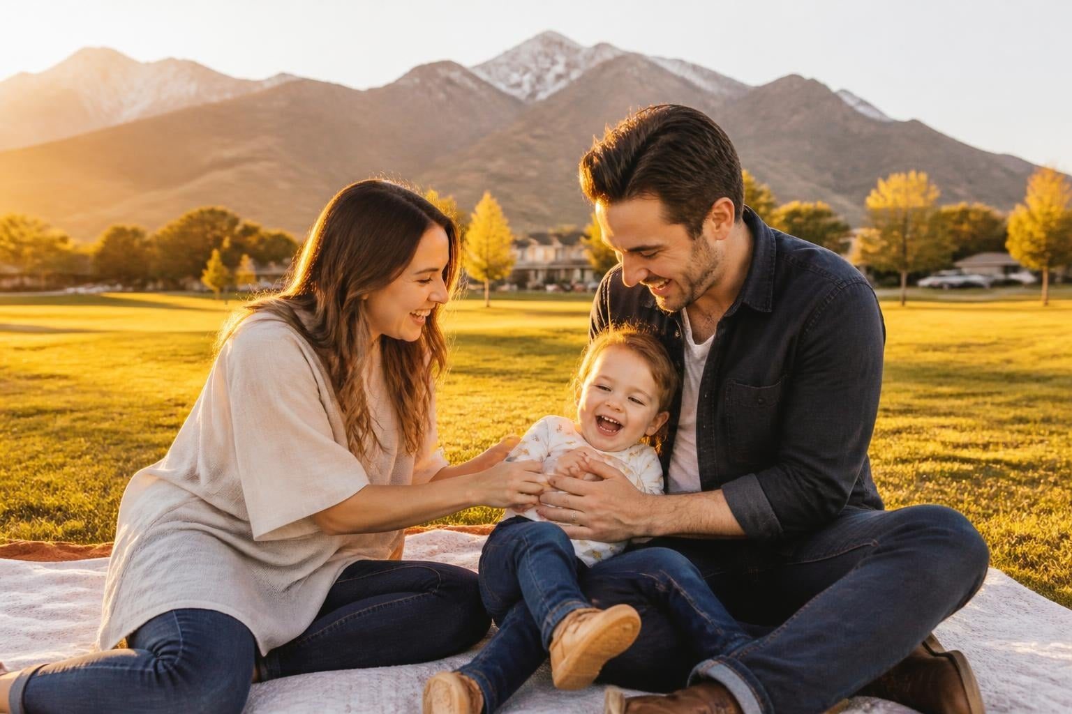 Young family laughing on a picnic blanket with the Wasatch mountains behind