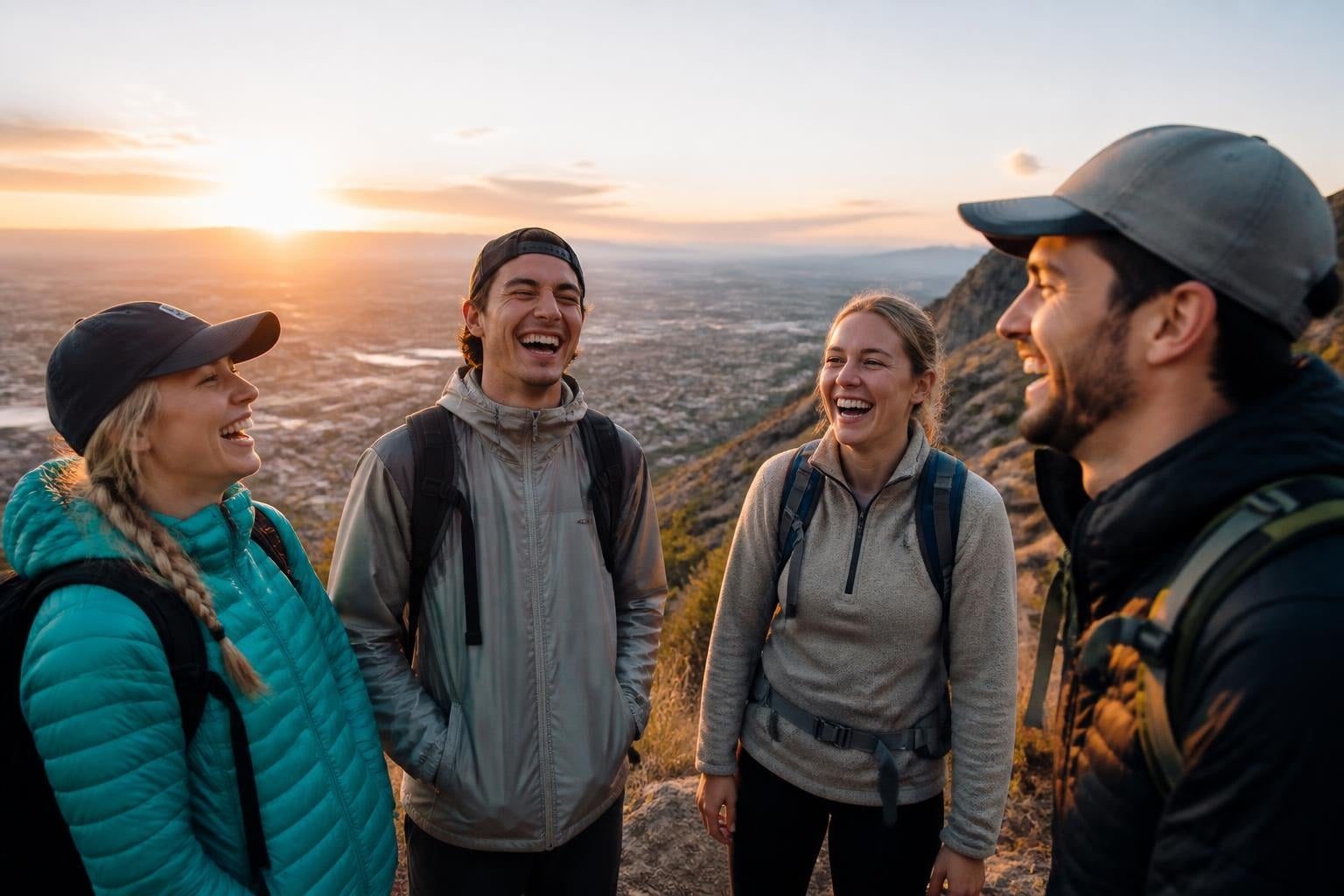 Friends laughing on a trail above the Salt Lake Valley at sunset