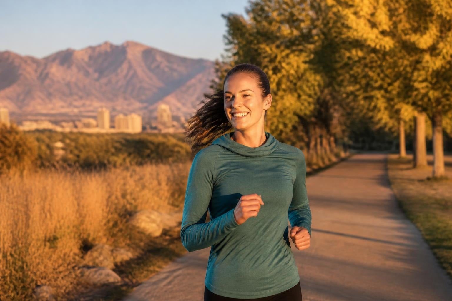 Woman smiling on a sunrise jog in Salt Lake City